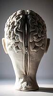 A captivating sculpture features a man's brain with two hemispheres joined by a zipper. Backlit to create a stunning silhouette, the artwork explores the connection between thoughts and identity. AI generated [IBR123641840]