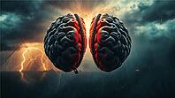 Dramatic cinematic style captures unzipped brain hemispheres symbolizing neural connections amidst intense stormy weather. AI generated [IBR123641842]