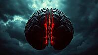 Visual metaphor of zipped up brain hemispheres glowing from the inside, under a turbulent stormy sky, dark moody colors. AI generated [IBR123641843]