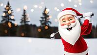Santa Claus dressed in his traditional red suit and hat smiles while swinging a golf club in a snowy landscape. Evergreen trees stand in the winter landscape background with festive lights twinkling and copy space. AI generated [IBR123641850]