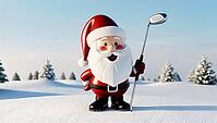 Cartoon Santa Claus stands happily on a snowy field, holding a golf club. The landscape features snow-covered ground and evergreen fir trees in the background, highlighting the winter season. AI generated [IBR123641851]