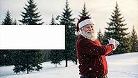 Santa Claus, wearing a red sweater and hat, joyfully holds a golf club in a snowy landscape. Evergreen trees surround him, creating a cheerful holiday atmosphere. Christmas card with blank white copy space for text or personalized messages. AI generated [IBR123641852]