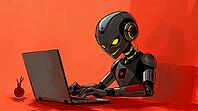 An AI robot with a mischievous expression is intently typing on a laptop at a desk. The warm red orange background adds to the vibrant atmosphere as it spreads fake news online. AI generated [IBR123641854]