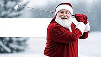 A New Year and Christmas card featuring Santa Claus, dressed in his classic red suit, swings a golf club in a snowy winter landscape during snowfall, with white blank copy space for text. AI generated [IBR123641856]