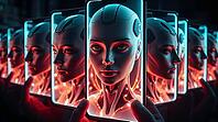 Humanoid AI figures with captivating features appear on glowing phone screens, creating a mesmerizing display of light and technology in a darkened setting. Concept of using AI in conspiracy theories, manipulations, and fake news. AI generated [IBR123641857]