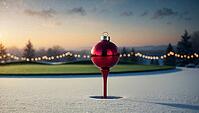 A red Christmas ornament sits on a golf tee, surrounded by snow. The sun sets in the background, casting a warm glow over the scene, with festive lights twinkling nearby. AI generated [IBR123641864]