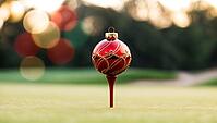 A holiday ornament stands on a golf tee on a lush green course. The sun sets in the background, casting a warm glow, blending festive vibes with the serene landscape. AI generated [IBR123641865]