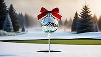 A festive glass Christmas ornament tied with a red bow on a golf tee on a snow-covered golf course. Frosty trees loom in the background, creating a winter wonderland scene. AI generated [IBR123641866]