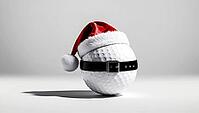 A golf ball wearing a Santa hat and black belt on a plain background. AI generated [IBR123641869]