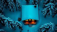 Overhead view of a cozy wooden log cabin nestled in a snowy forest at night. The warm glow from the windows creates a peaceful ambiance in the winter landscape. AI generated [IBR123641870]
