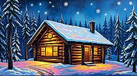 A cozy wooden log cabin stands in a snowy winter forest at night. The warm glow from the yellow windows contrasts with the cold, falling snowflakes and serene blue surroundings. Acrylic painting style. AI generated [IBR123641871]