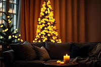 A warm living room features a Christmas tree adorned with twinkling lights. Candles flicker softly on a table, creating a cozy atmosphere perfect for the winter holiday season. AI generated [IBR123641872]