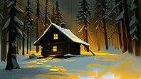 A cozy cabin in a snow-covered forest illuminated by a warm glow, creating a peaceful and serene winter atmosphere, painting style. AI generated [IBR123641873]