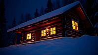 A wooden cabin stands peacefully in a snowy landscape at night in winter, illuminated by soft, warm light from its windows. Tall trees surround the cabin under the night sky. AI generated [IBR123641874]