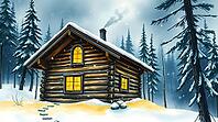 A wooden log cabin stands in a snowy forest at night, its yellow windows radiating warmth. Snowflakes gently fall, creating a serene winter atmosphere. AI generated [IBR123641875]