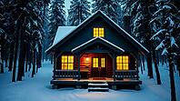A warm wooden cabin stands in a snowy forest as dusk settles, with glowing windows inviting warmth amidst tall evergreen trees. Snowflakes gently fall around the peaceful winter scene. AI generated [IBR123641876]