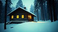 A log cabin with glowing windows stands in deep snow at night. Surrounding fir trees create a tranquil atmosphere, showcasing a peaceful winter scene. AI generated [IBR123641877]