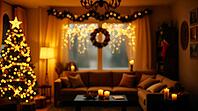 A warm and inviting living room adorned with a Christmas tree, twinkling lights, and candles. The space exudes a festive atmosphere, perfect for celebrating the holiday season. AI generated [IBR123641878]