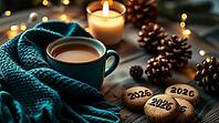 A rich teal wool scarf wraps around a cup of cocoa beside cookies marked with the New Year 2026 numbers. Soft candlelight and fairy lights set a warm, festive atmosphere on a rustic wooden table. AI generated [IBR123641880]