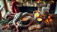 A cozy winter scene features a rustic wood table adorned with a wool scarf, cup of cocoa, lit candles, cookies, and pinecones. A fireplace glimmers with fairy lights in the background. AI generated [IBR123641881]