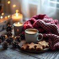 Warm cocoa sits next to star-shaped cookies on a wooden table covered with a wool scarf. Soft fairy lights and pinecones enhance the cozy, dreamy setting. AI generated [IBR123641882]