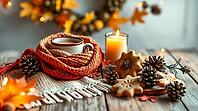 Warm autumn colors create a cozy atmosphere with a wooden table set with a cup of cocoa, orange knit scarf, cookies, pine cones, and a lit candle, adorned by a wool scarf and seasonal decor. AI generated [IBR123641883]