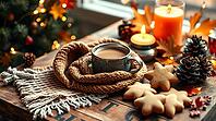 A cozy winter holiday scene features a cup of cocoa, a soft wool scarf, and fresh cookies on a wooden table. A candle flickers nearby, with a Christmas tree adding a festive touch. AI generated [IBR123641884]