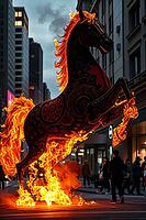 A stunning epic scene shows a fire horse, the symbol of the New Year 2026, standing tall on a crowded city street in the evening, with flames surrounding its legs. AI generated [IBR123641886]