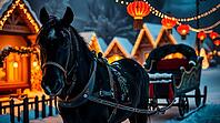 A festive black horse pulls a sleigh in a beautifully decorated winter park for the New Year and Xmas during the holiday season. AI generated [IBR123641887]