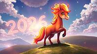 A vibrant fire horse with a glowing mane stands on a hill against the sky with the number of the upcoming New Year 2026 shining brightly, adding magic to the scene. AI generated [IBR123641888]