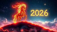 A magical fire horse, a symbol of the New Year 2026, with a shimmering, fiery mane rears on a grassy hill. 2026 glows brightly in the starry night sky above, creating an enchanting scene. AI generated [IBR123641889]