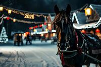 A beautiful black horse stands in a winter park adorned with lights and decorations for the 2026 holiday season. The atmosphere is cheerful, inviting visitors to enjoy the Christmas and New Year 2026 festivities. AI generated [IBR123641890]