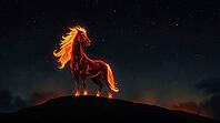 Fire horse with glowing fiery mane stands proudly on a hill under a starry night sky, symbol of the New Year 2026. AI generated [IBR123641892]