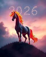 A majestic fire horse with a glowing mane stands tall on a hilltop. Bathed in a soft haze, it is illuminated by a vibrant sunset, and the New Year 2026 number in the sky adds a mystical touch to the scene. AI generated [IBR123641893]