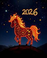 A beautiful fire horse with a glowing mane stands proudly on a hilltop against the New Year number 2026 sparkling in the starry sky during a magical night filled with wonder and fantasy. AI generated [IBR123641894]
