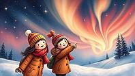 Two children dressed in cozy winter coats and hats watch the colorful northern lights dancing in the sky. Snow covers the ground, and pine trees stand in the background, creating a serene winter landscape scene. AI generated [IBR123641895]
