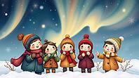 Five cheerful kids in colorful winter coats and scarves enjoy the caroling in the snow during a winter Christmas and New Year holidays. They stand in the snow, surrounded by a beautiful evening sky filled with colorful lights. AI generated [IBR123641896]