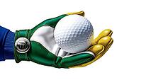 A golfer hand wearing a colorful leather glove holding a golf ball on a pure, clean white background. AI generated [IBR123641898]