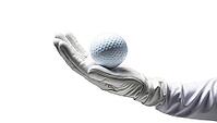 Golfer hand in a white leather glove holding a golf ball on a white background. Focus and concentration before the tournament. AI generated [IBR123641899]