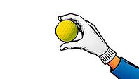 Cartoon golf player hand in a white glove holding a bright yellow golf ball, preparing to take a shot, on a plain white background. AI generated [IBR123641900]