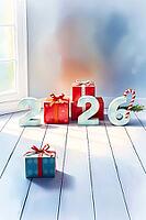 Christmas gift boxes in red and blue on a white wooden floor, with candy canes and 2026 3d digits. soft watercolor washes. AI generated [IBR123641901]