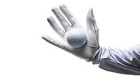 Hand in a white leather golf glove holding a golf ball, focused and concentrated, isolated on a white background. AI generated [IBR123641903]
