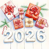 Christmas gift boxes with fir branches, candy canes, and the number 2026 on a white wooden floor, drawing style. They are adorned with fir branches and candy canes, creating a festive scene for the holiday season. AI generated [IBR123641904]