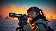 A young teen girl looks through a telescope as the sun sets in a snowy field. Tents are visible in the background, and a warm glow fills the scene, creating a magical atmosphere. AI generated [IBR123641905]