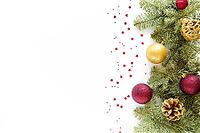 Christmas composition. Christmas balls, pine cones, fir branches on white surface. Flat lay, top view, copy space, above [IBR123646481]