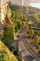 Tropea, Italy - 27.07.2023: Scenic road running along cliffs with cars and motorbike, lined with palm trees, illuminated by warm evening sunlight, creating peaceful coastal atmosphere [IBR123646522]
