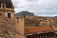 Palermo, Italy - 06.11.2022: Scenic rooftop view of Chiesa di Santa Caterina d'Alessandria, Chiesa Santa Chiara, historic architecture and mountains in Palermo [IBR123646536]