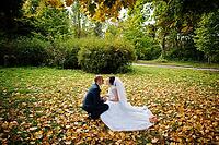 Wedding couple sitting at yellow leaves background autumn park [IBR123675116]