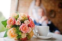 Wedding bouquet at vintage cafe background newlywed [IBR123675117]