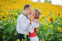 Wedding beautiful couple in traditional dress at the sunflower [IBR123675122]